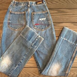 Vtg 80s~Brittania~Straight Leg Hi-Rise Destroyed Embroidered Pocket Jeans~Sz 1